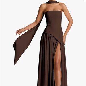 Elegant Brown Strapless Evening Gown